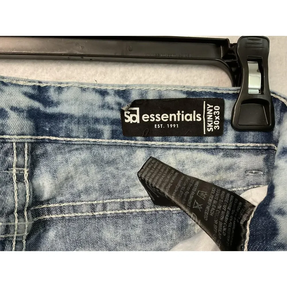 Essentials Jeans Mens 30x30 Skinny Moto Biker Acid Wash Ribbed Knees Distressed
